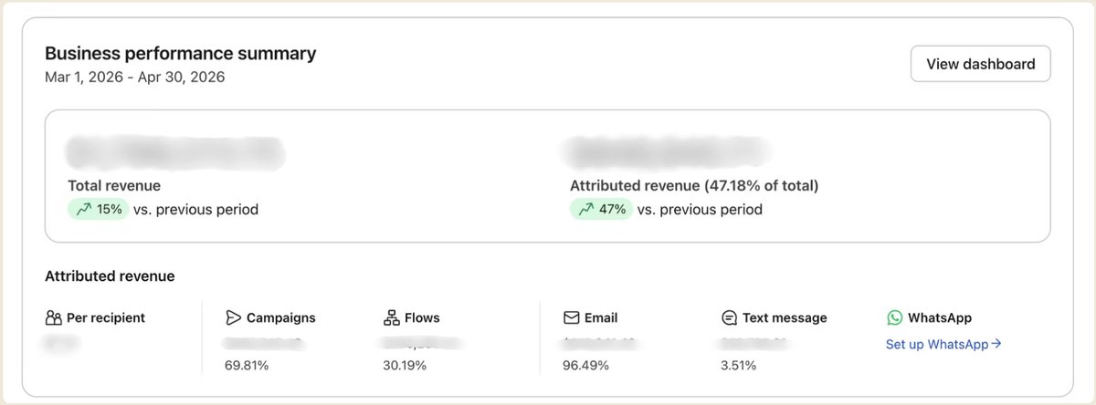 Klaviyo business performance summary for this account