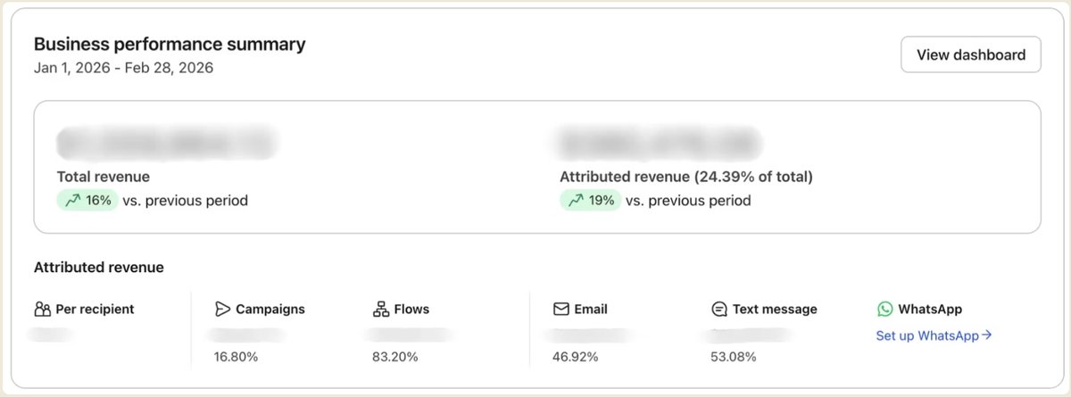 Klaviyo business performance summary for this account